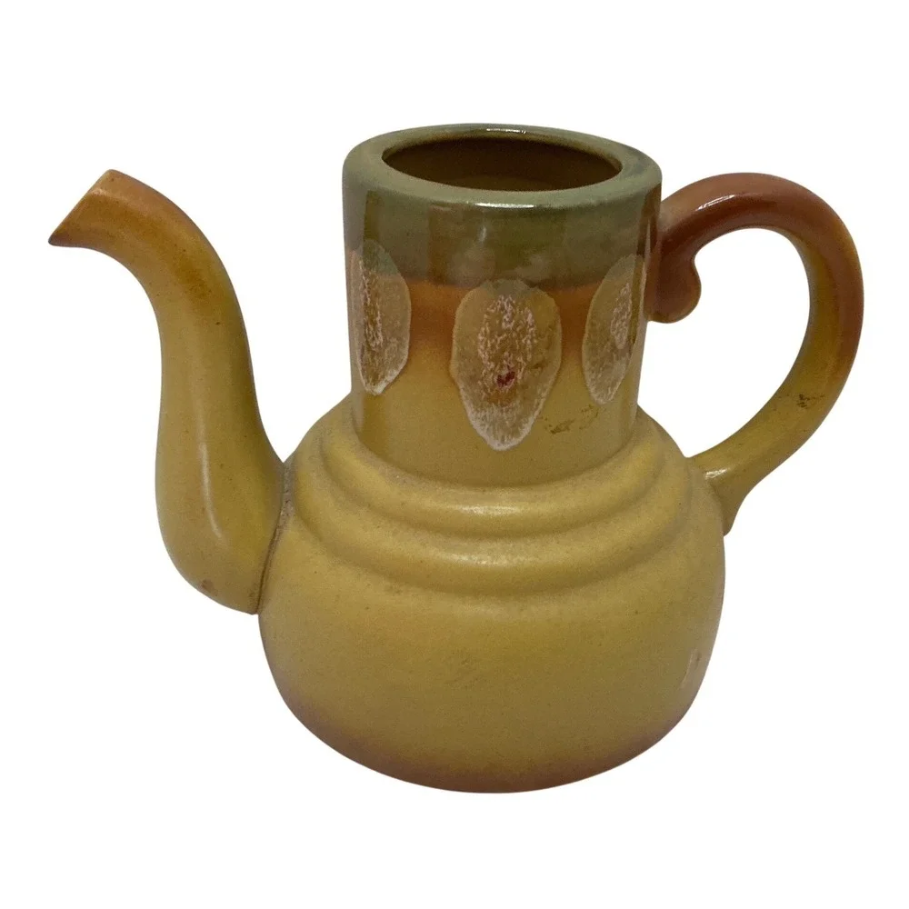 Vintage Ceramic Teapot Drip Glaze Mustard Yellow Mid Century Style READ